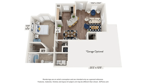 Floor plan for 1 bed, 1 bath, 881 sqft